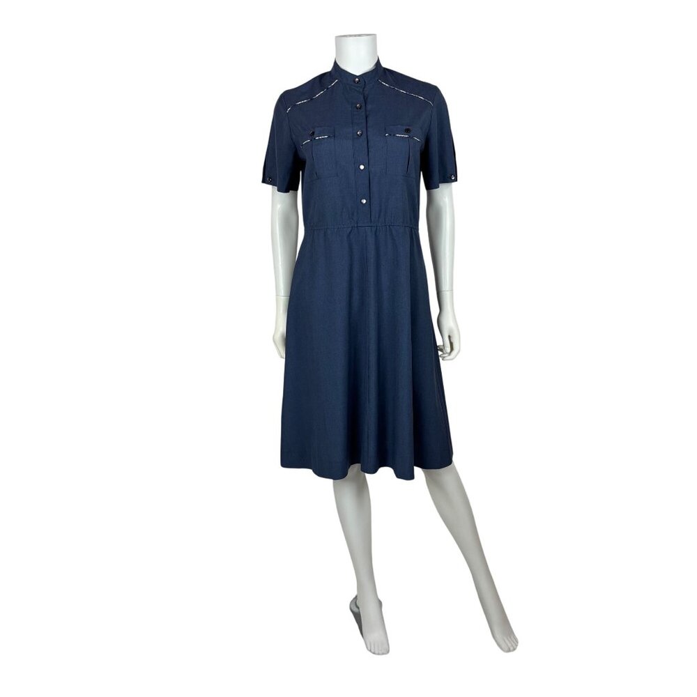 Vintage 80s Safari Dress Womens Large Navy Blue Fit And Flare Shirtdress